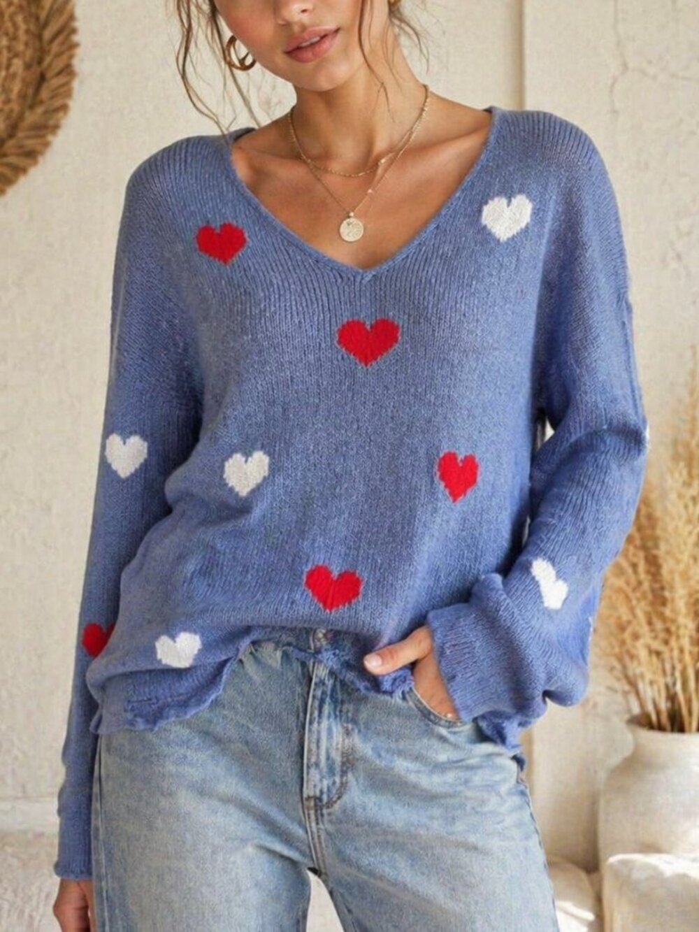 Wooden Ships NEW Mini Hearts Blue V-Neck Oversized Airy Mohair Sweater SZ Large